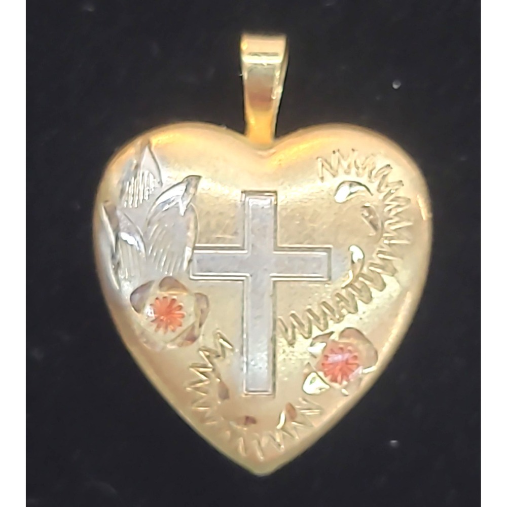 Vintage 14K Gold Filled Stamped 14KGF PPC Heart Locket Pendant w Cross & Flowers
